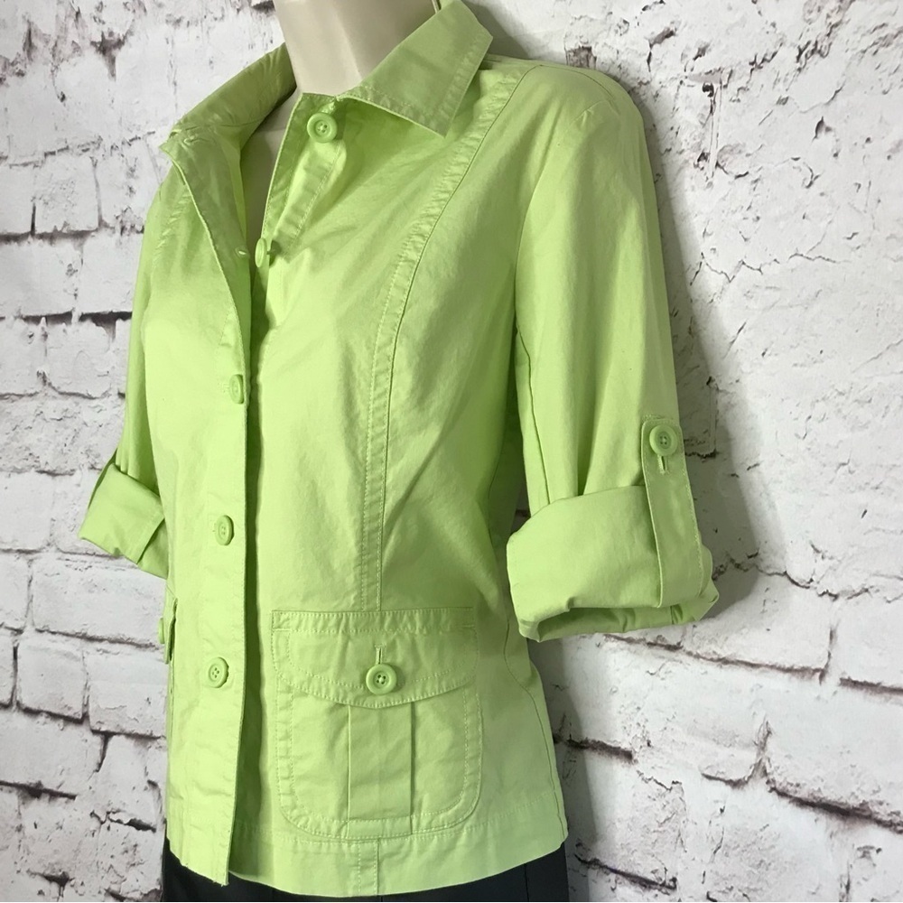 TALBOTS Petite Size 4P Lime Green lightweight Safari cotton blazer jacket - Picture 9 of 15